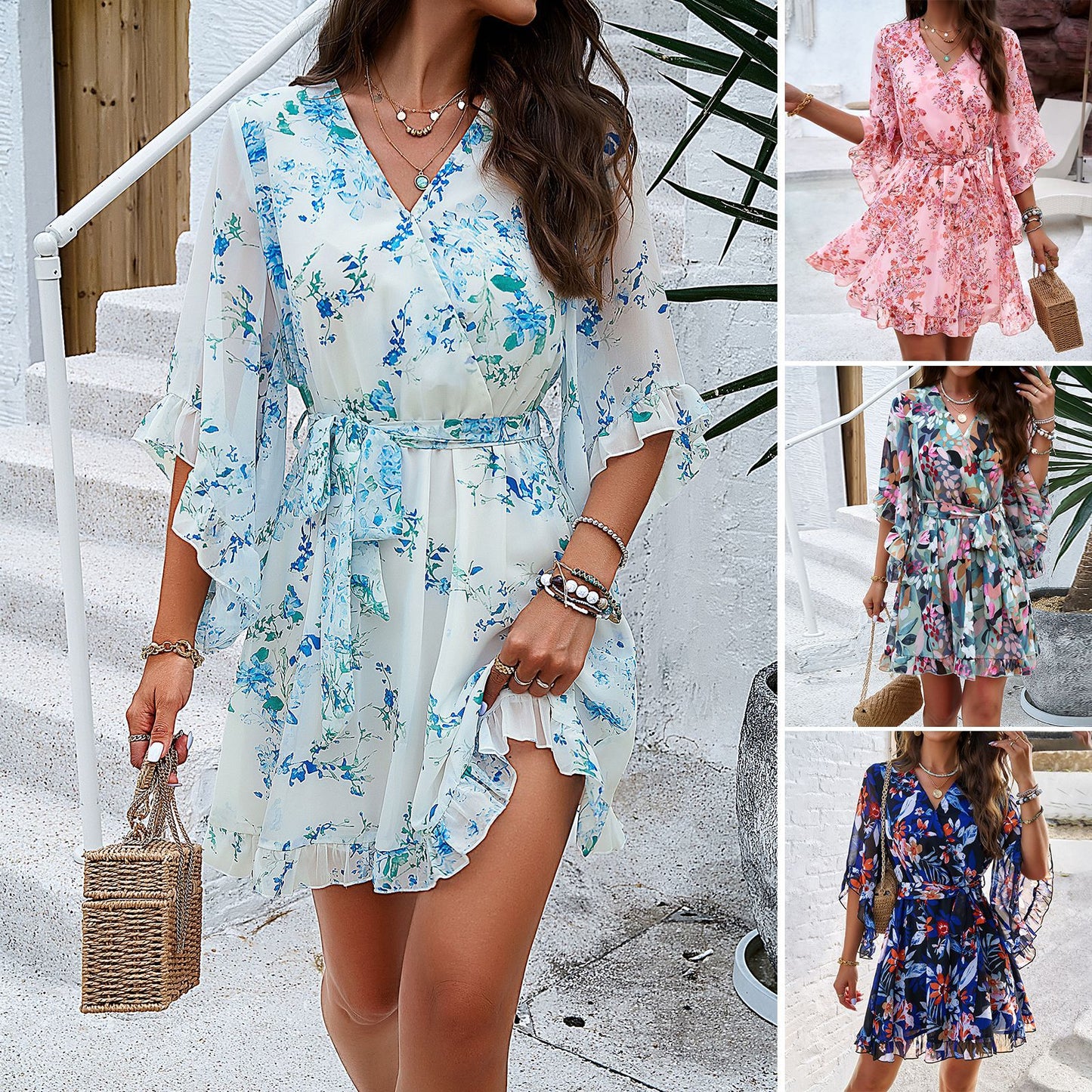 Floral Print Short Sleeve Dress with Lace-Up Ruffle Detail and V-Neckline for Women