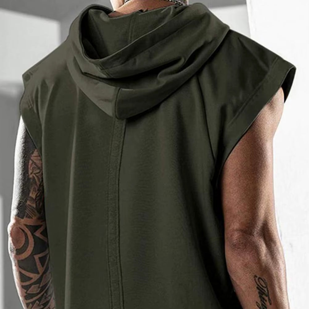 Plus Size Men's Hooded Sleeveless Sports Tank Top - Solid Color Summer Fitness Vest