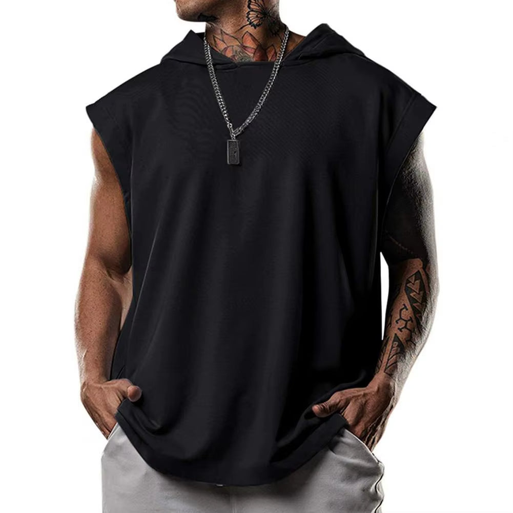 Plus Size Men's Hooded Sleeveless Sports Tank Top - Solid Color Summer Fitness Vest