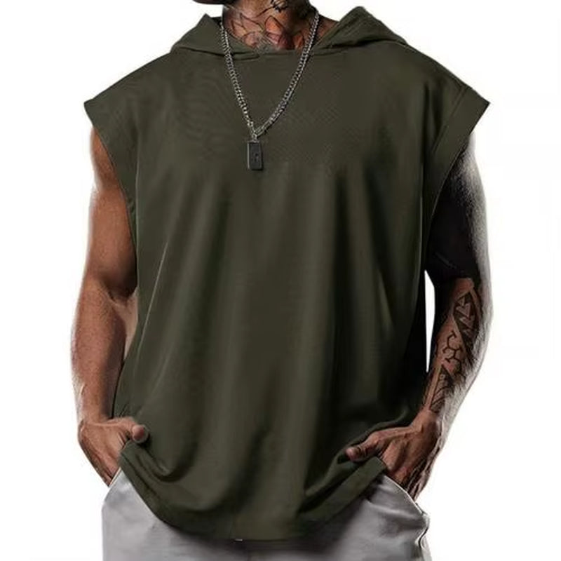Plus Size Men's Hooded Sleeveless Sports Tank Top - Solid Color Summer Fitness Vest