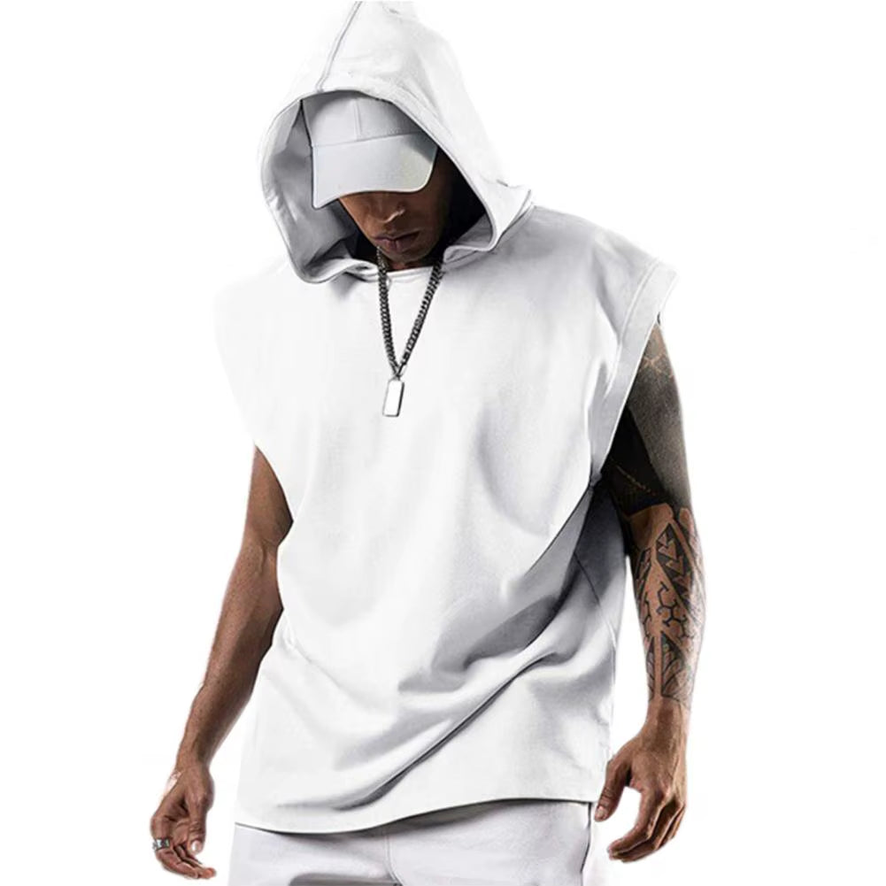 Plus Size Men's Hooded Sleeveless Sports Tank Top - Solid Color Summer Fitness Vest
