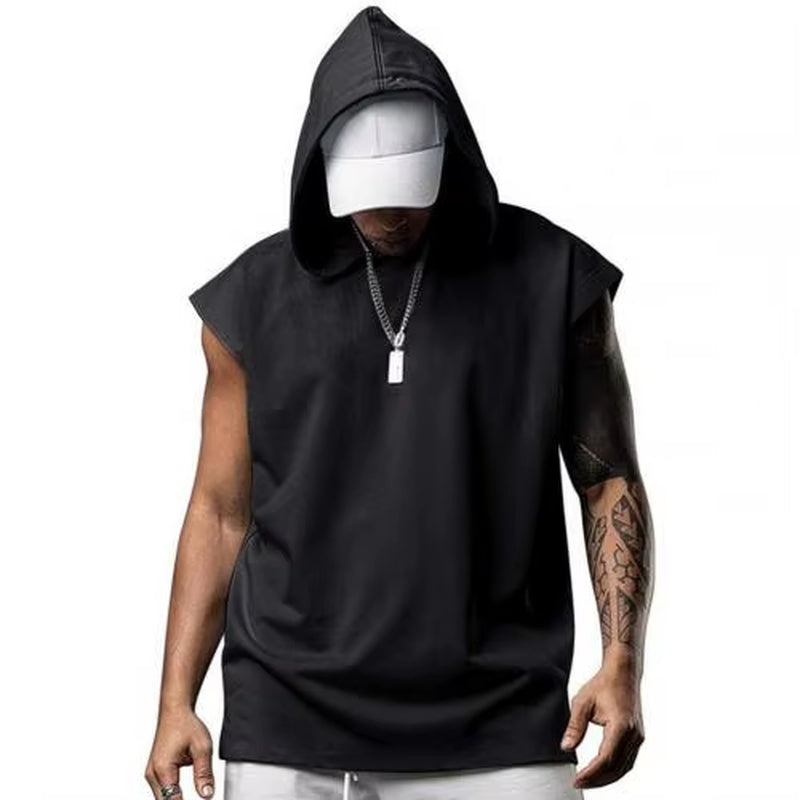 Plus Size Men's Hooded Sleeveless Sports Tank Top - Solid Color Summer Fitness Vest