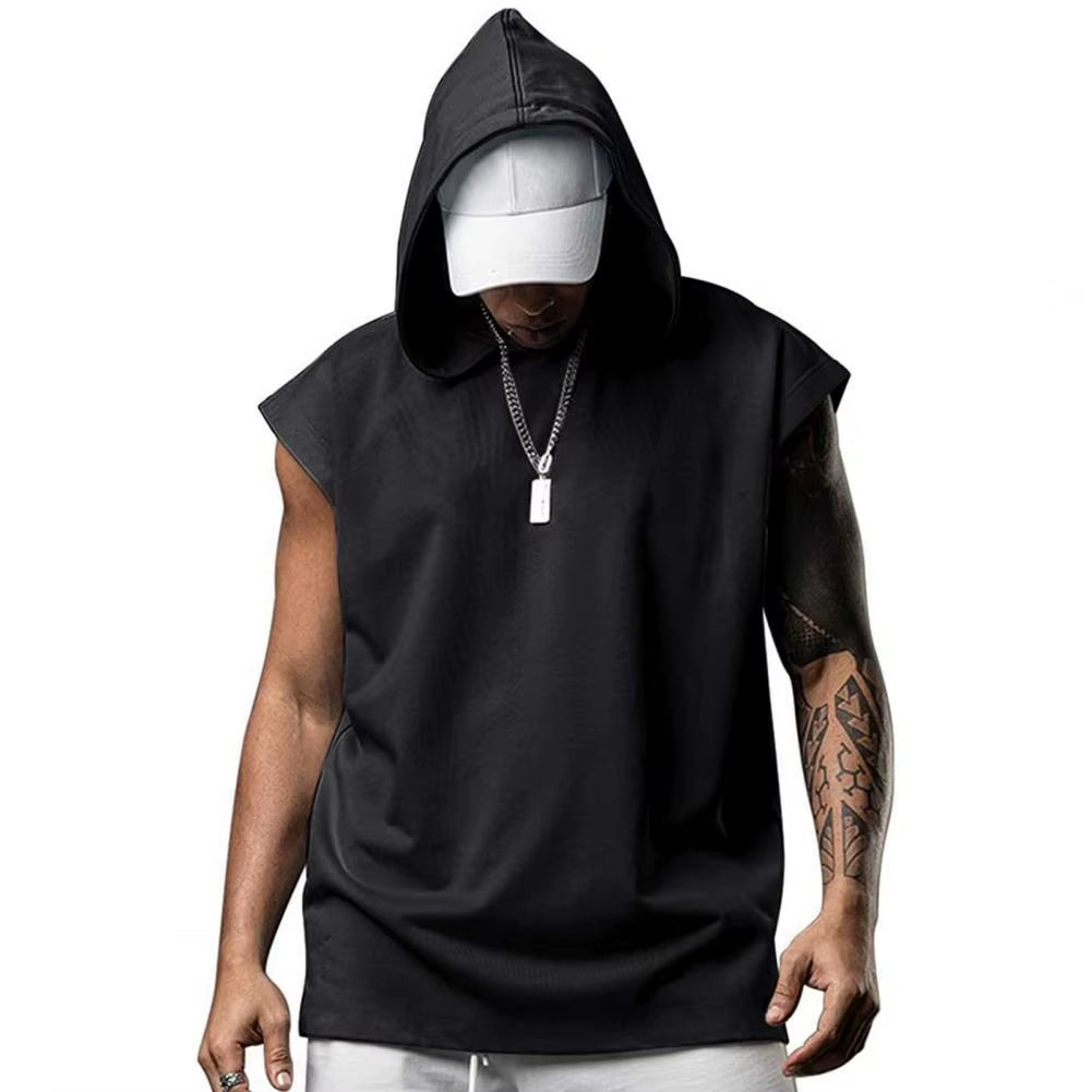 Plus Size Men's Hooded Sleeveless Sports Tank Top - Solid Color Summer Fitness Vest